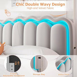 Twin Upholstered LED Bed Frame with Storage Drawer and Adjustable Chic Double Wavy Headboard, Velvet Princess Platform Bed for Kids/Girls, Solid Wood Slats Support, No Box Spring Needed, Beige