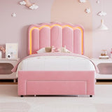 Twin Upholstered LED Bed Frame with Storage Drawer and Adjustable Chic Double Wavy Headboard, Velvet Princess Platform Bed for Kids/Girls, Solid Wood Slats Support, No Box Spring Needed, Beige